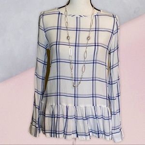 LOFT Blue & White Ruffle Hem Blouse